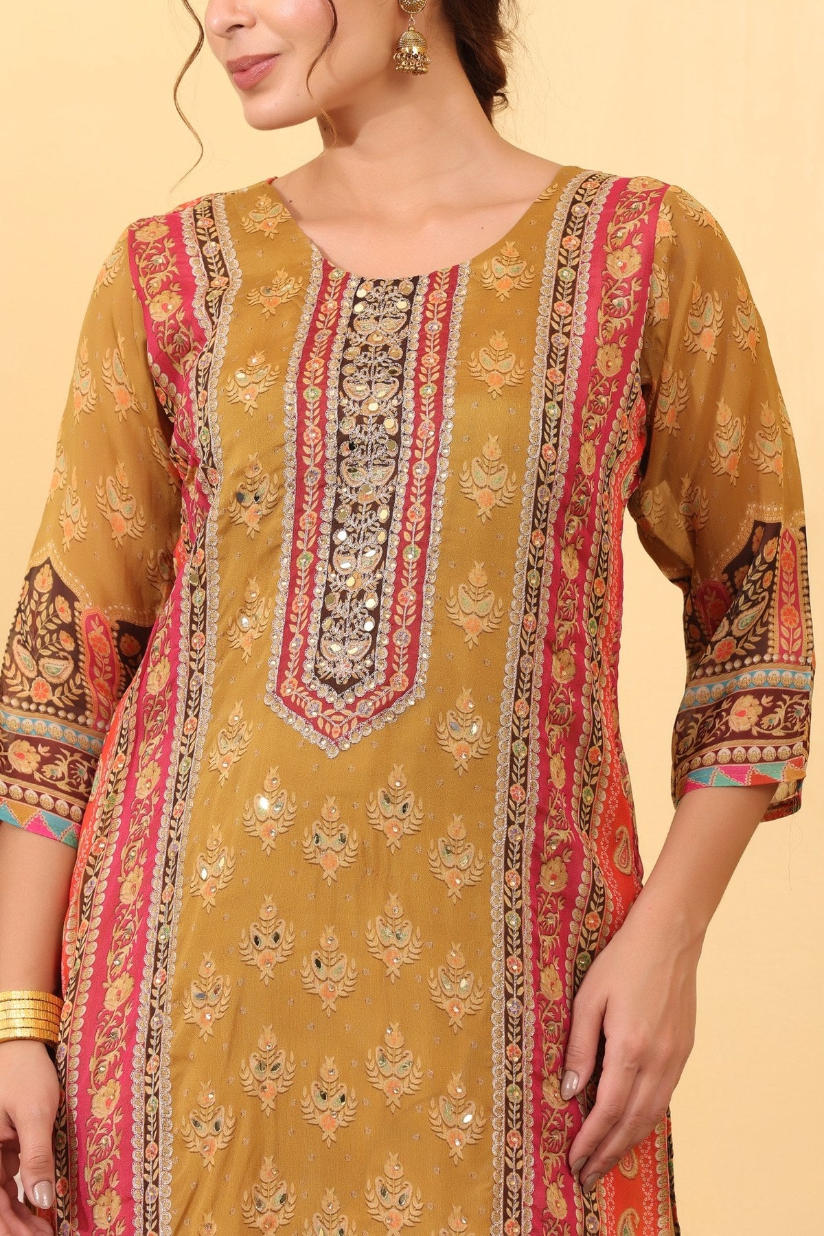 Ochre Roman Silk Printed & Embroidered Suit Set