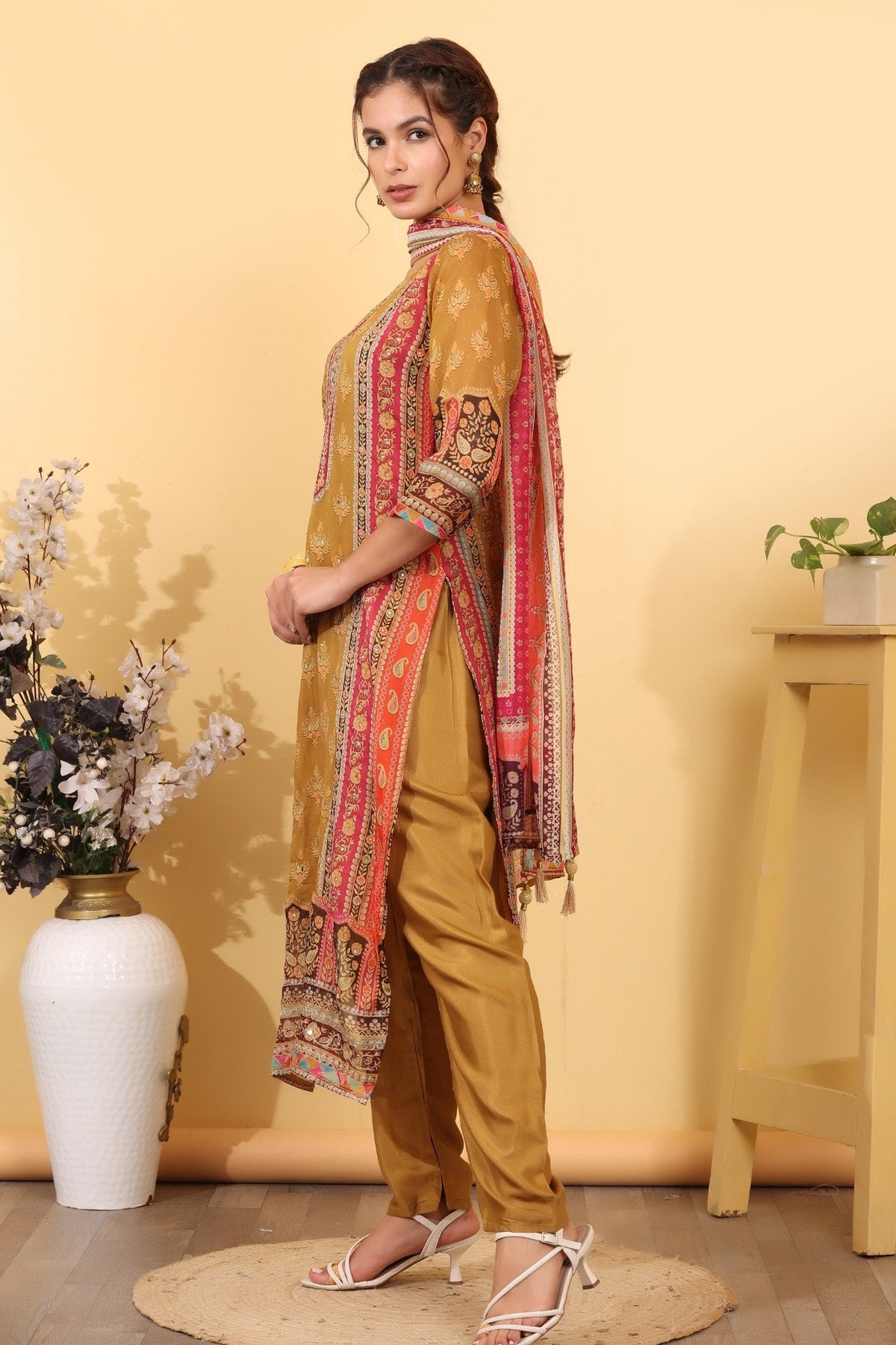 Ochre Roman Silk Printed & Embroidered Suit Set