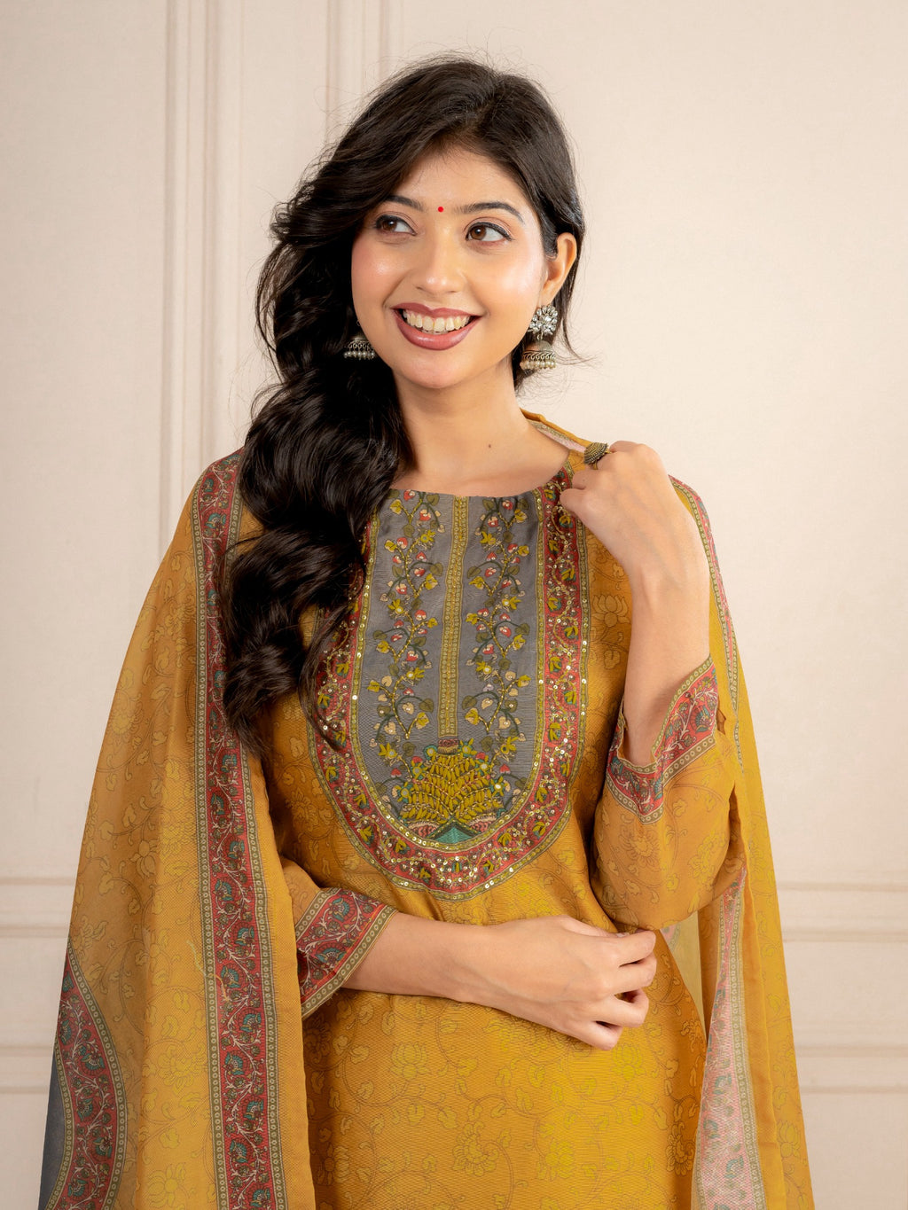 Mustard Chanderi Silk Printed Suit Set with Dupatta