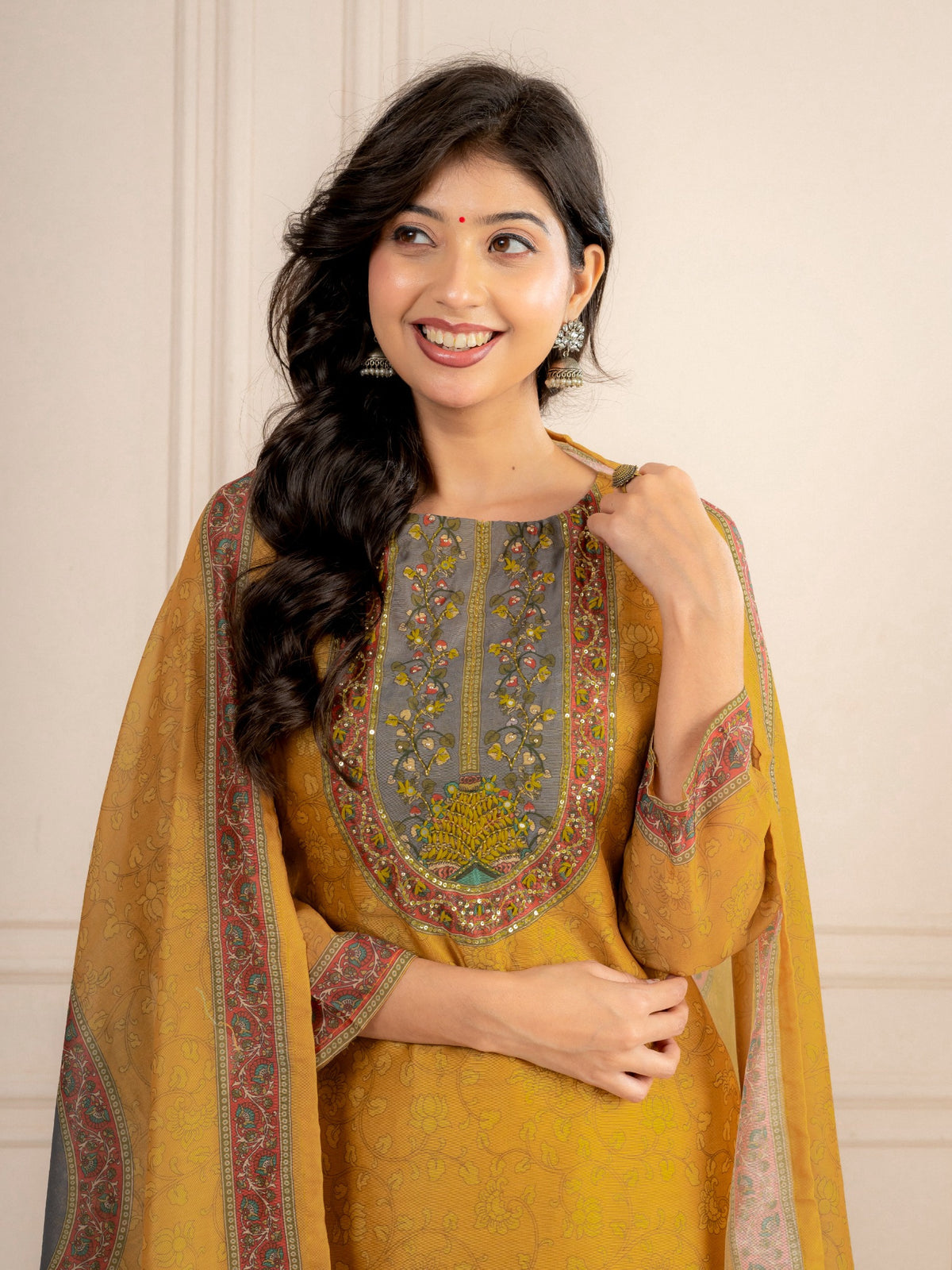 Mustard Chanderi Silk Printed Suit Set with Dupatta
