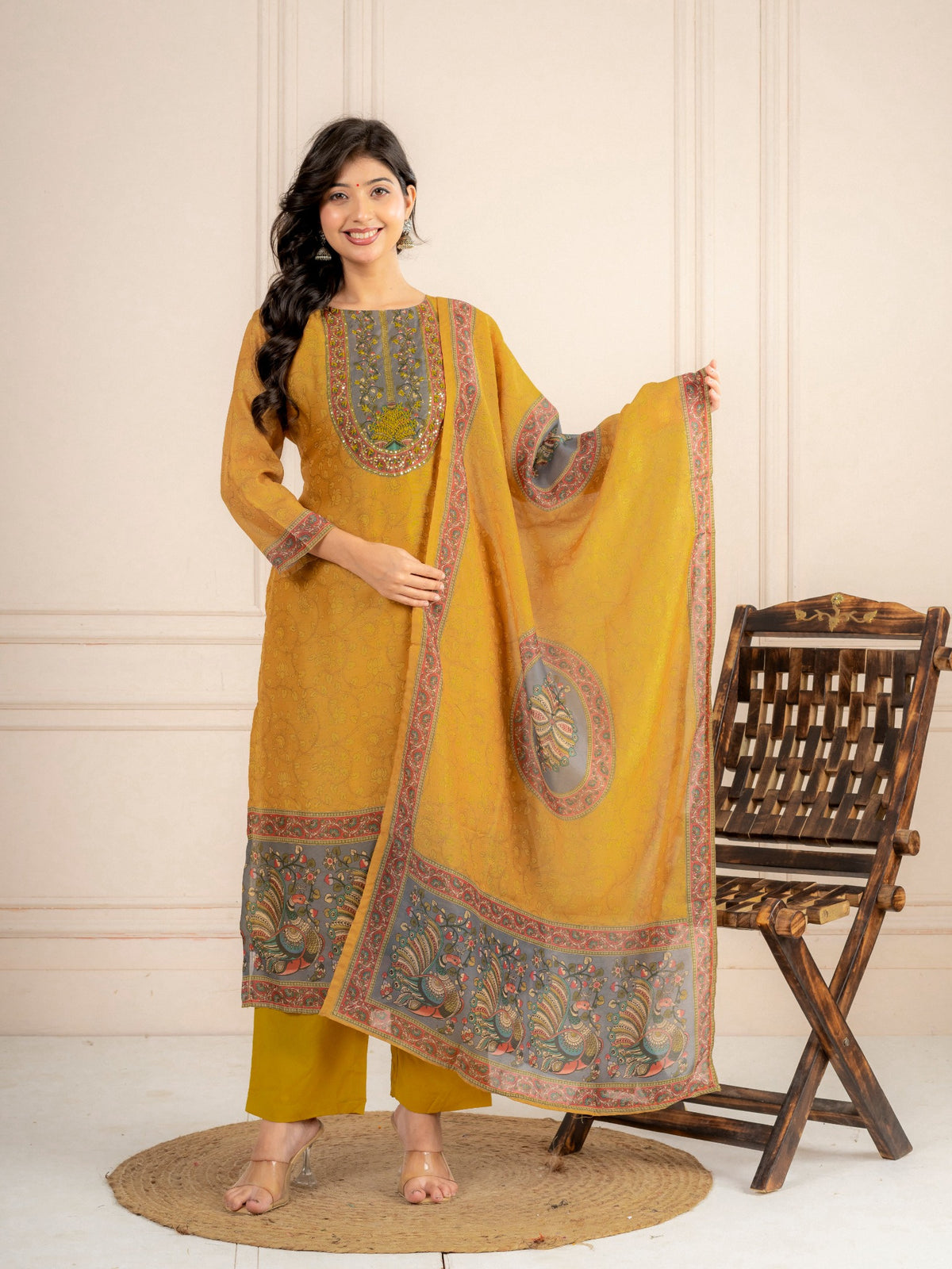 Mustard Chanderi Silk Printed Suit Set with Dupatta