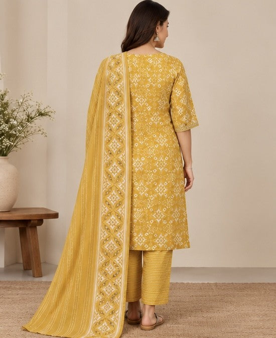 Mustard Yellow Printed Silk Blend Salwar Kurta Dupatta Set