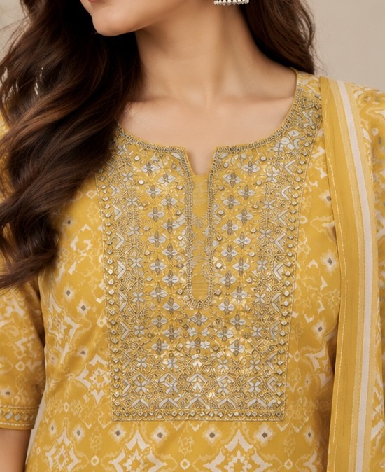 Mustard Yellow Printed Silk Blend Salwar Kurta Dupatta Set