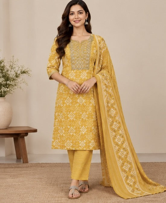 Mustard Yellow Printed Silk Blend Salwar Kurta Dupatta Set