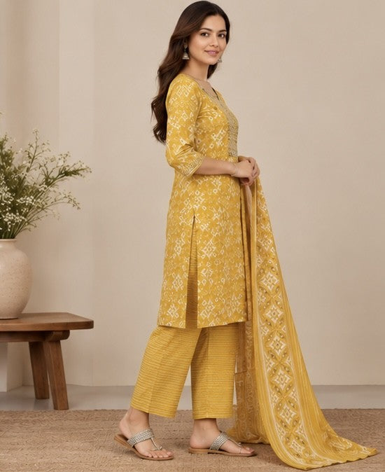 Mustard Yellow Printed Silk Blend Salwar Kurta Dupatta Set