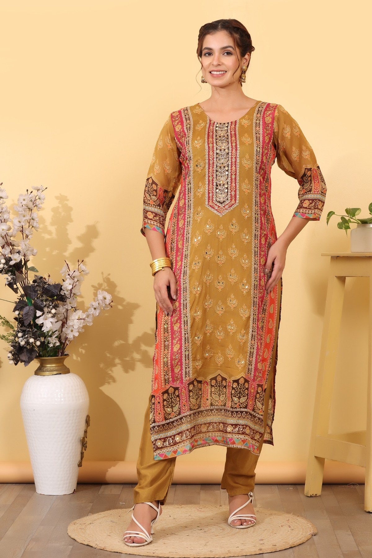 Ochre Roman Silk Printed & Embroidered Suit Set