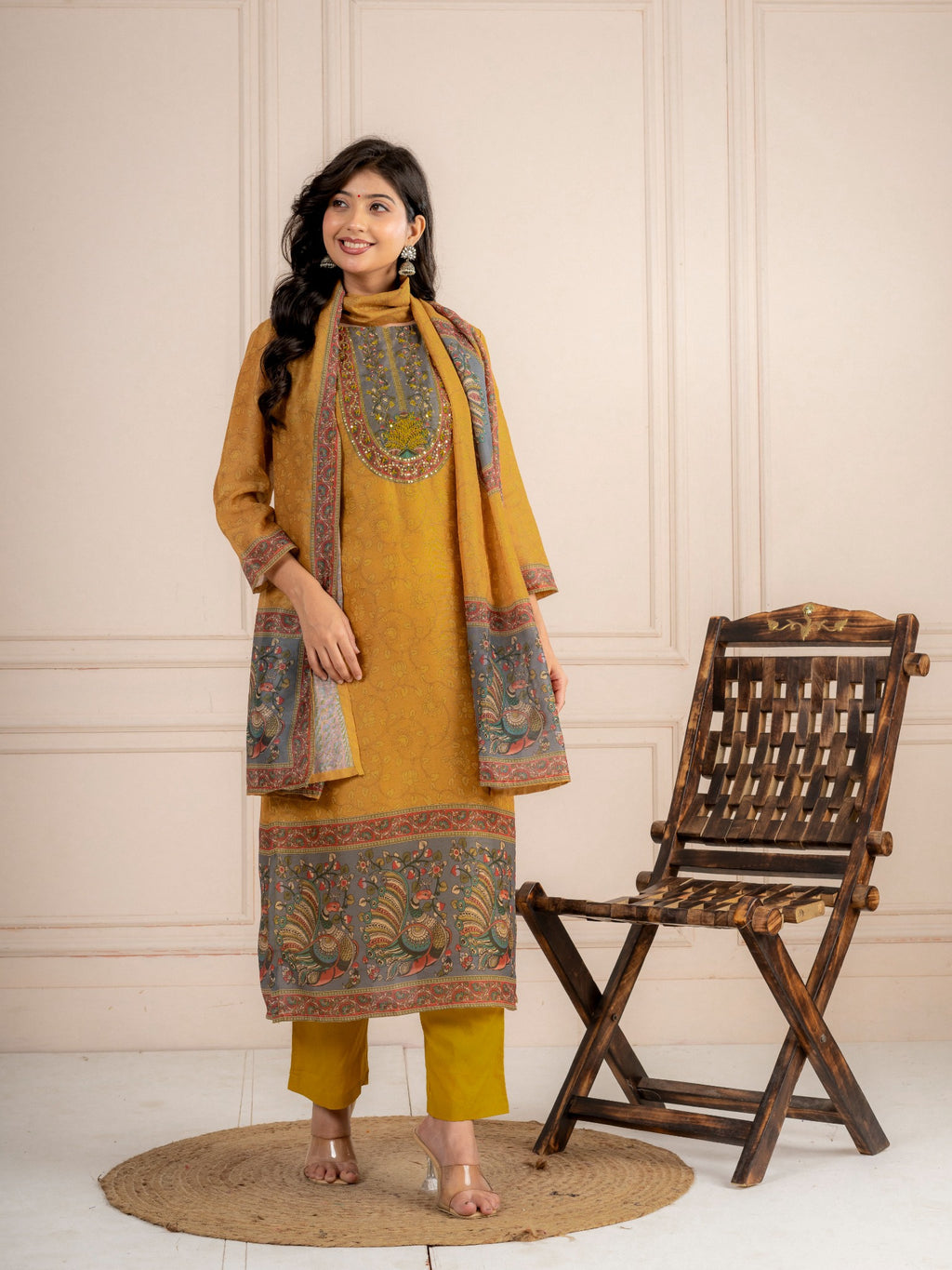 Mustard Chanderi Silk Printed Suit Set with Dupatta