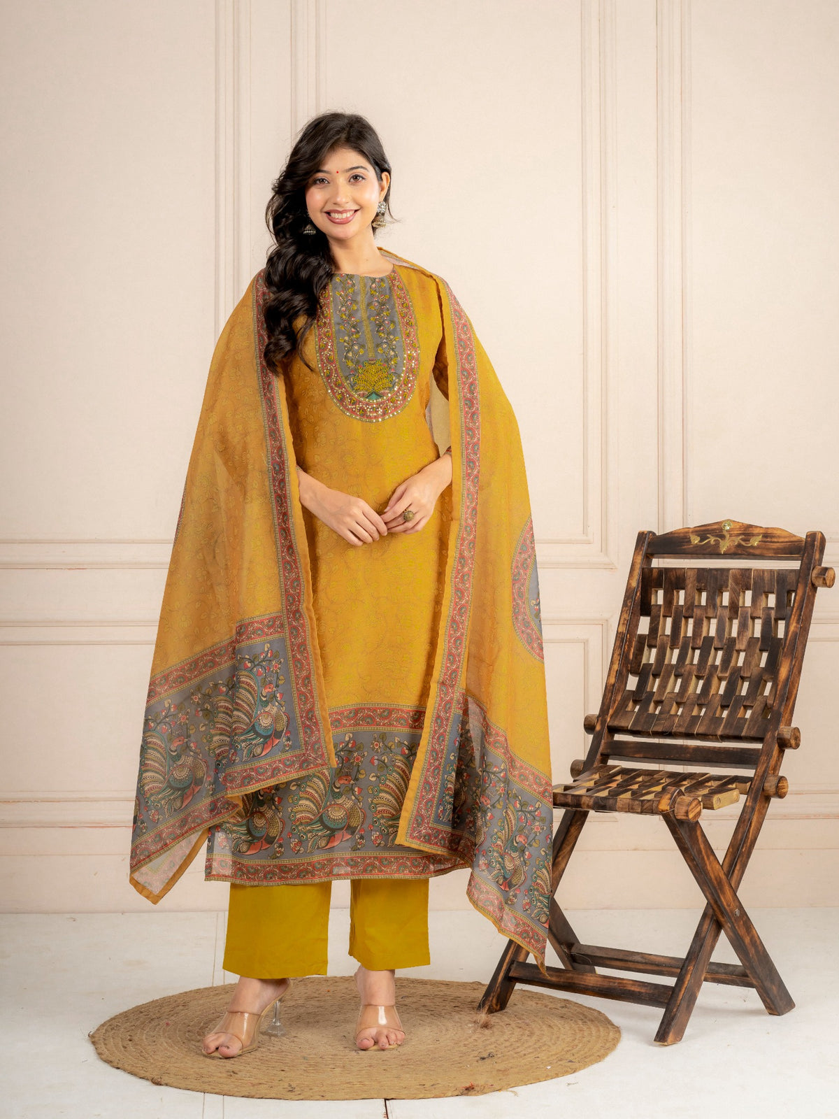 Mustard Chanderi Silk Printed Suit Set with Dupatta