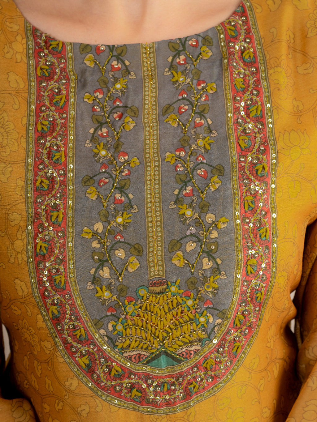 Mustard Chanderi Silk Printed Suit Set with Dupatta