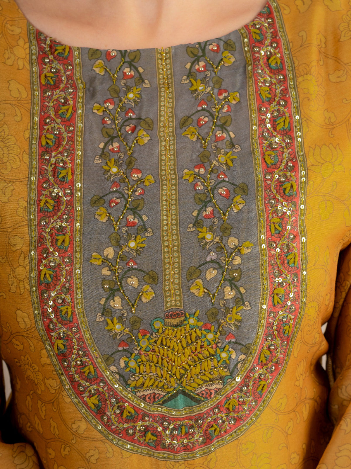 Mustard Chanderi Silk Printed Suit Set with Dupatta