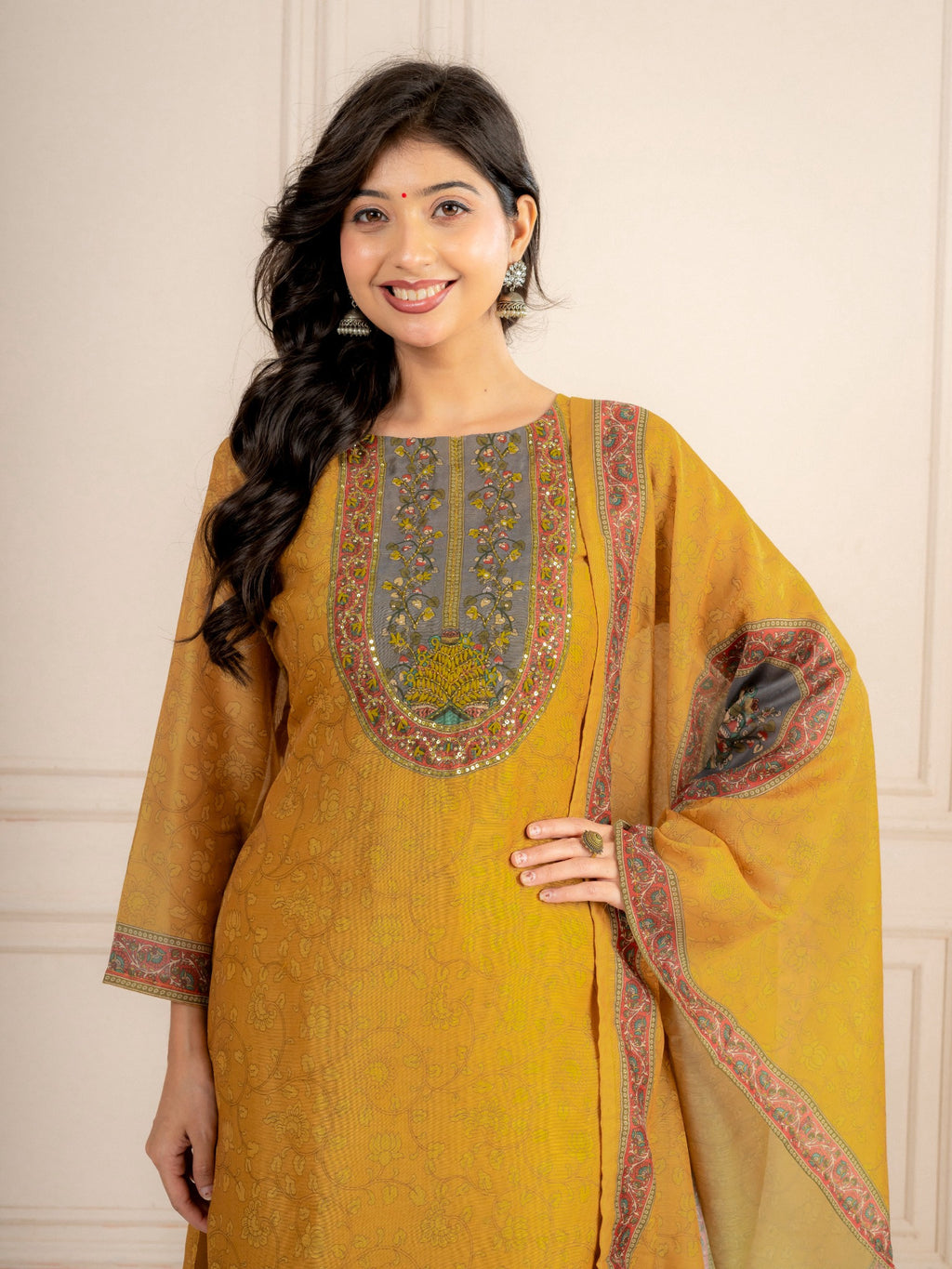 Mustard Chanderi Silk Printed Suit Set with Dupatta