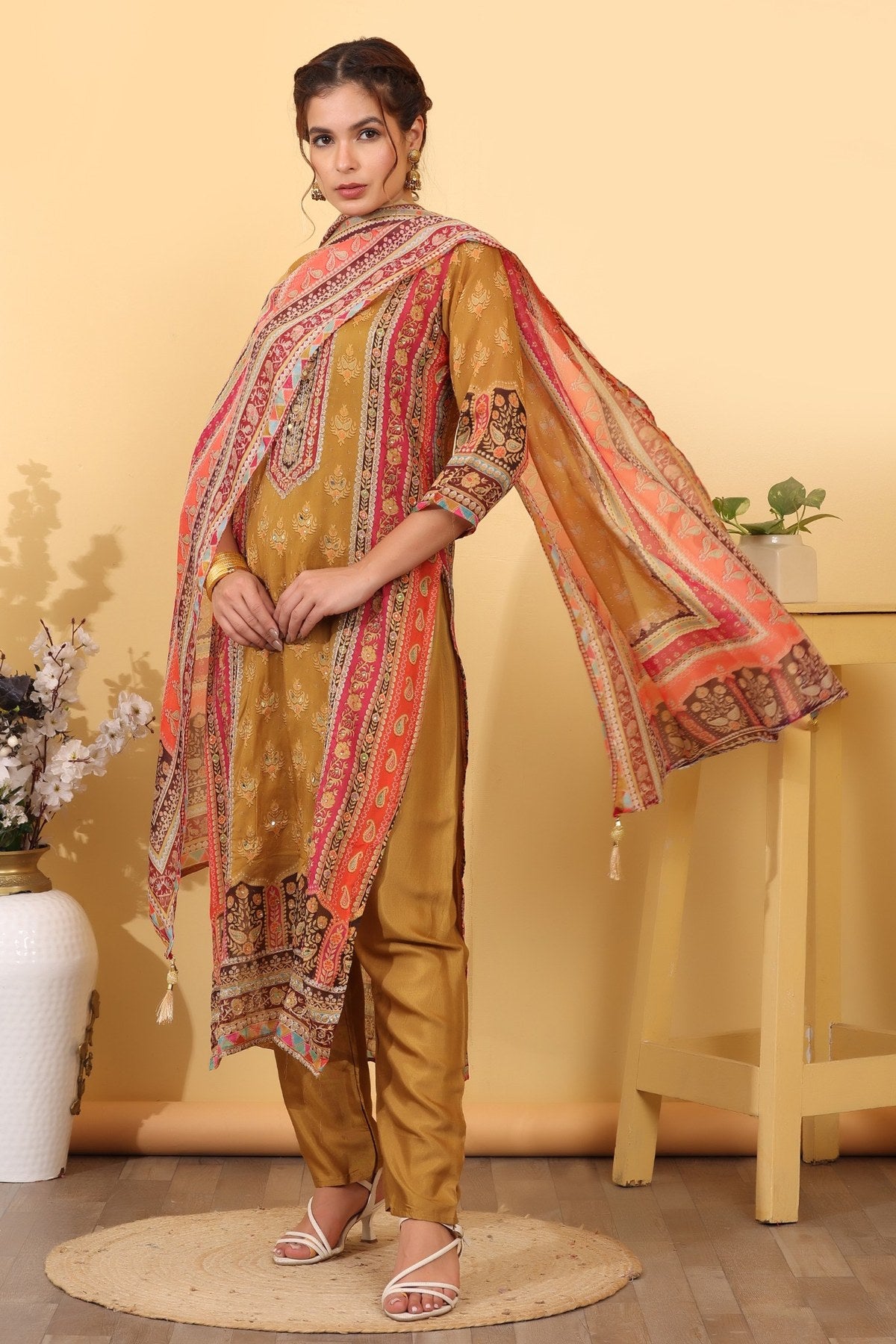 Ochre Roman Silk Printed & Embroidered Suit Set
