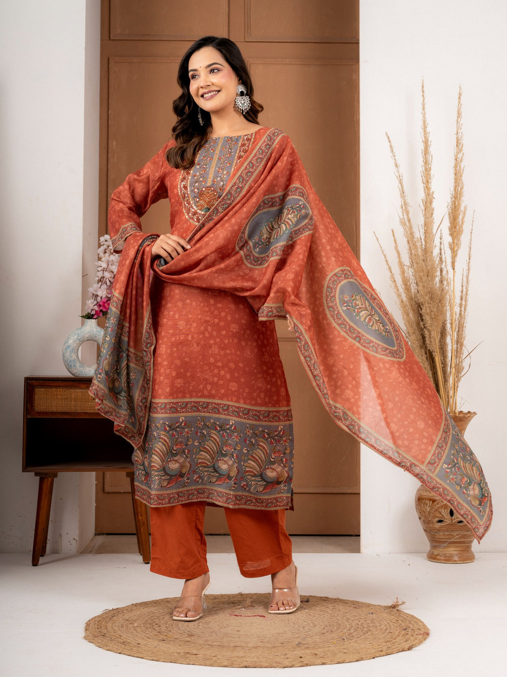 Rust Chanderi Silk Printed Suit Set with Elegant Dupatta | Women’s Ethnic Wear