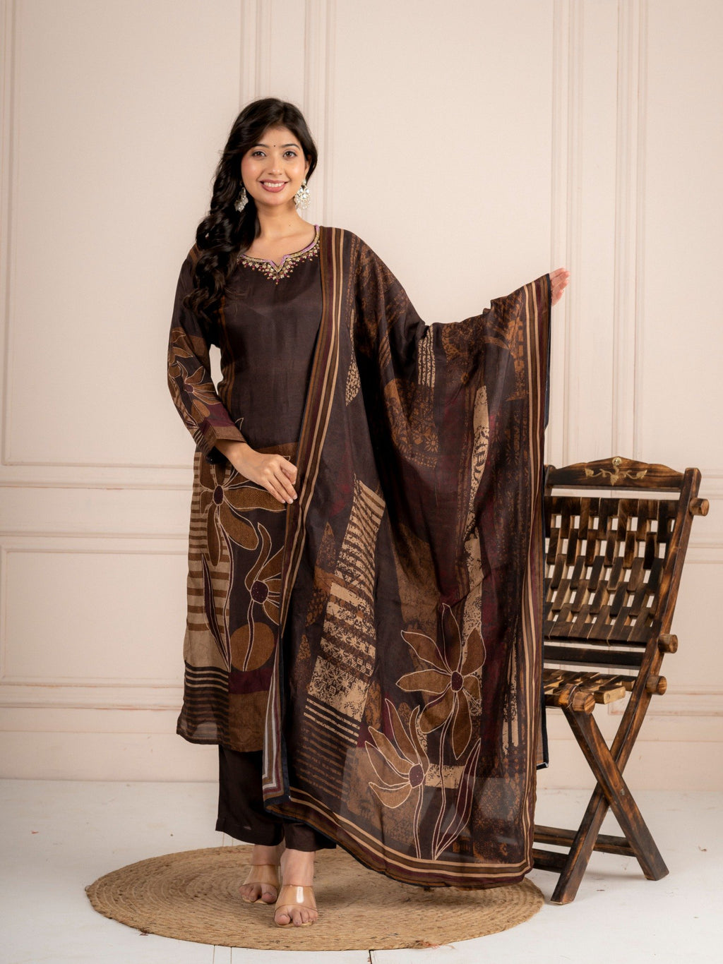 Brown Viscose Silk Printed Suit Set with Dupatta for Women