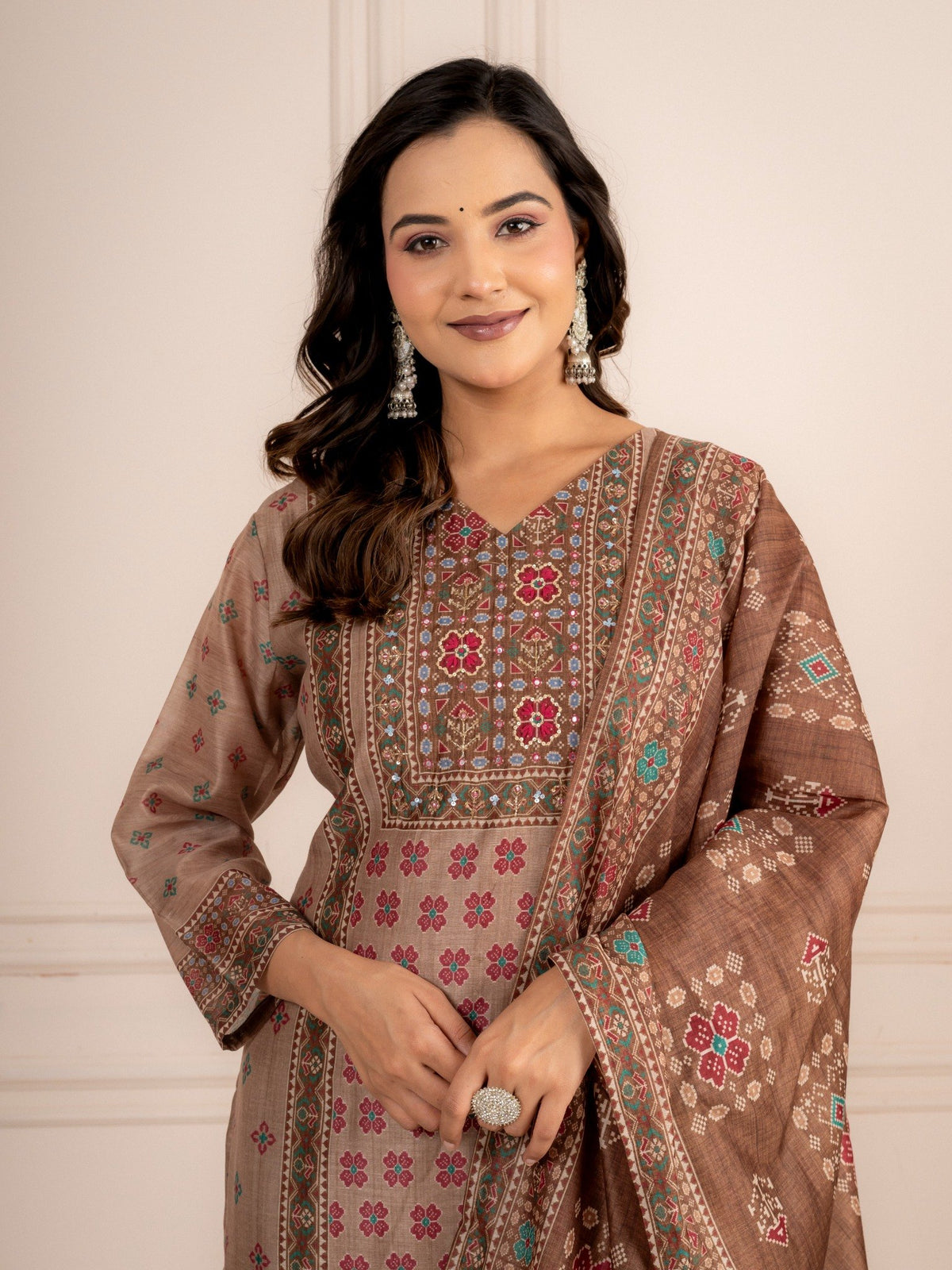 Beige Chanderi Silk Printed Suit Set with Dupatta for Women