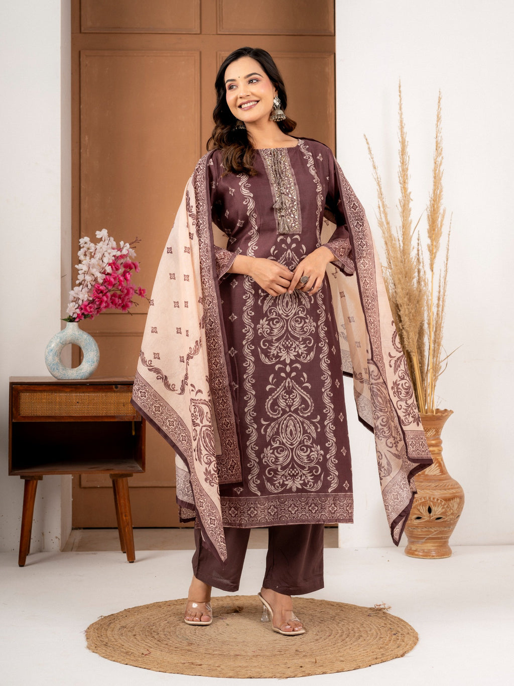 Coffee Brown Chanderi Silk Printed Suit Set with Dupatta for Women