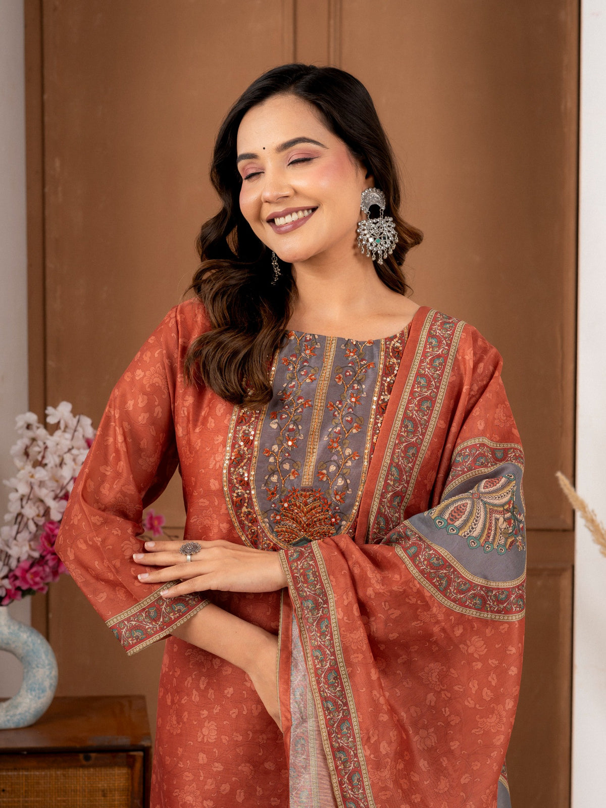 Rust Chanderi Silk Printed Suit Set with Elegant Dupatta | Women’s Ethnic Wear
