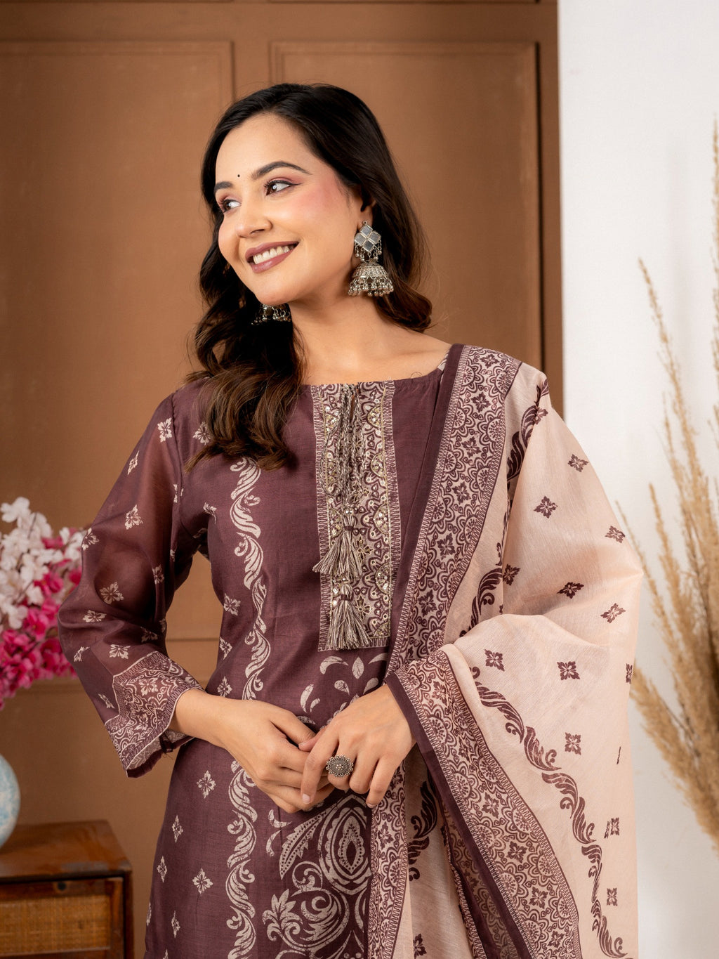 Coffee Brown Chanderi Silk Printed Suit Set with Dupatta for Women