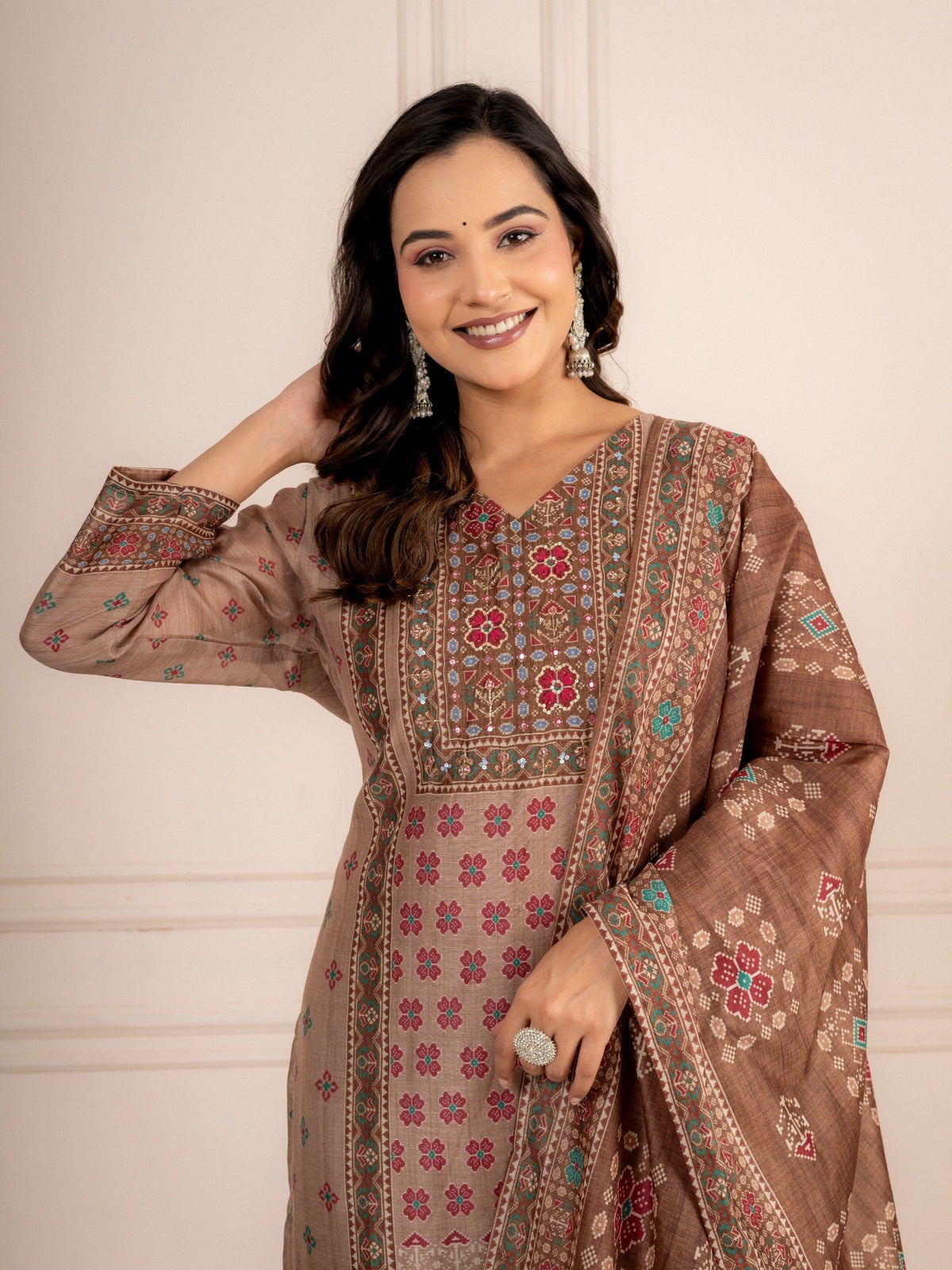 Beige Chanderi Silk Printed Suit Set with Dupatta for Women