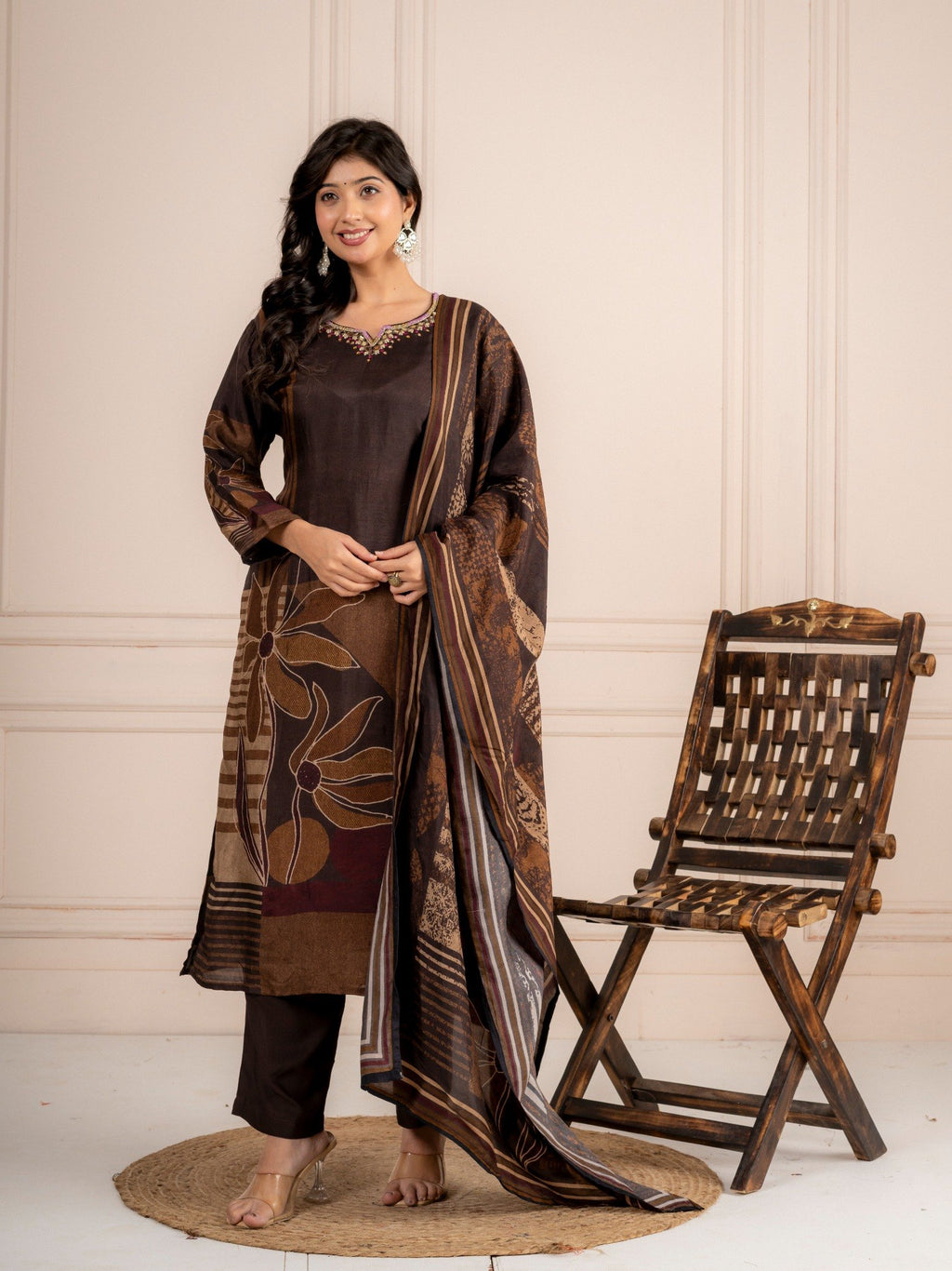Brown Viscose Silk Printed Suit Set with Dupatta for Women