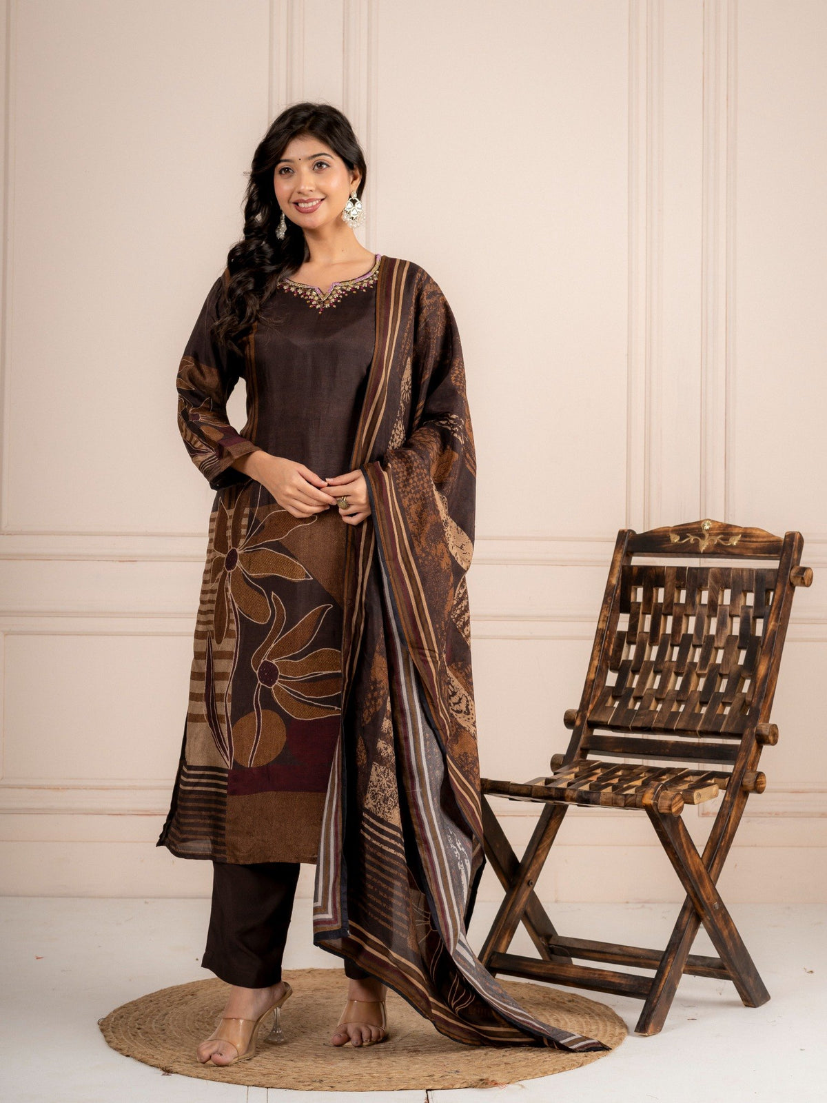 Brown Viscose Silk Printed Suit Set with Dupatta for Women