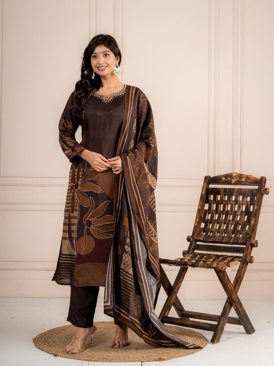 Brown Viscose Silk Printed Suit Set with Dupatta for Women