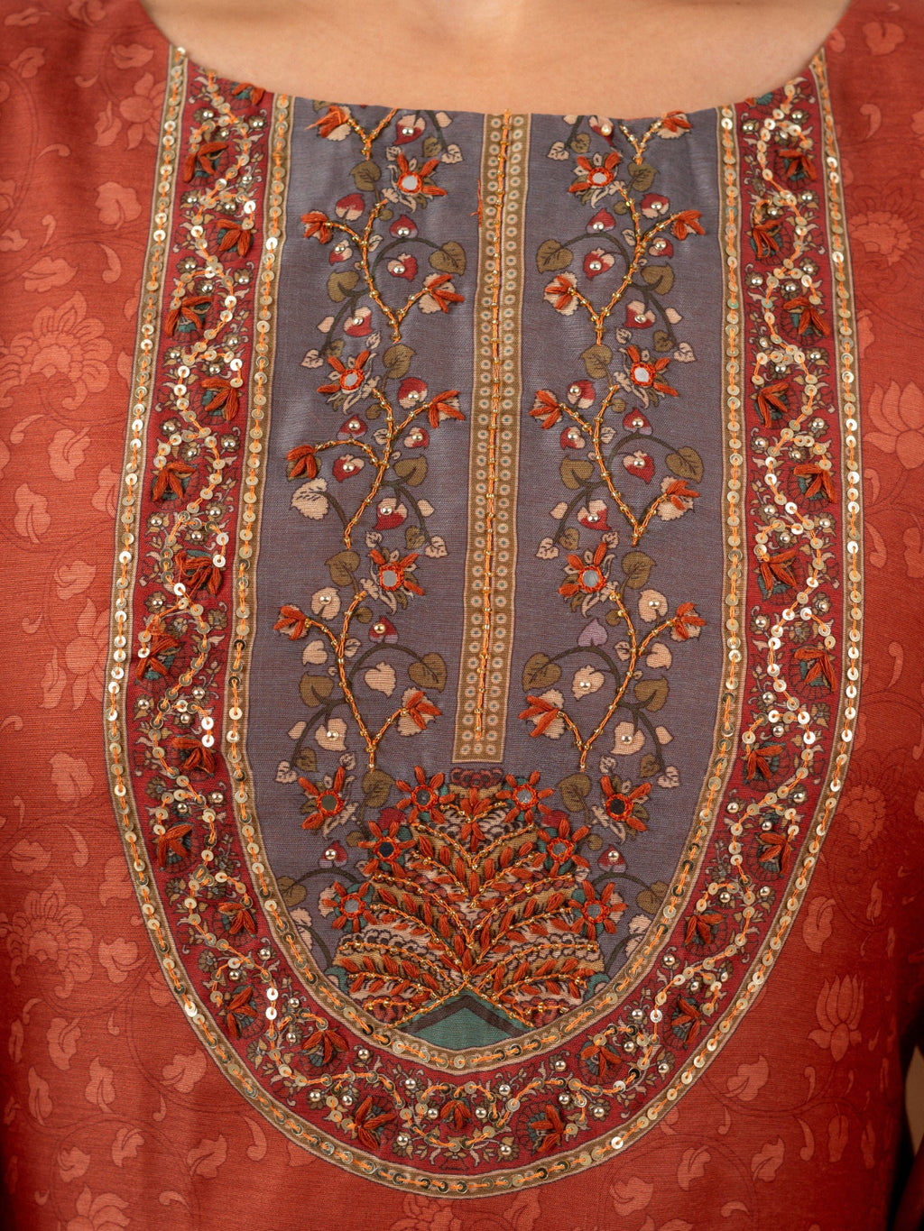 Rust Chanderi Silk Printed Suit Set with Elegant Dupatta | Women’s Ethnic Wear