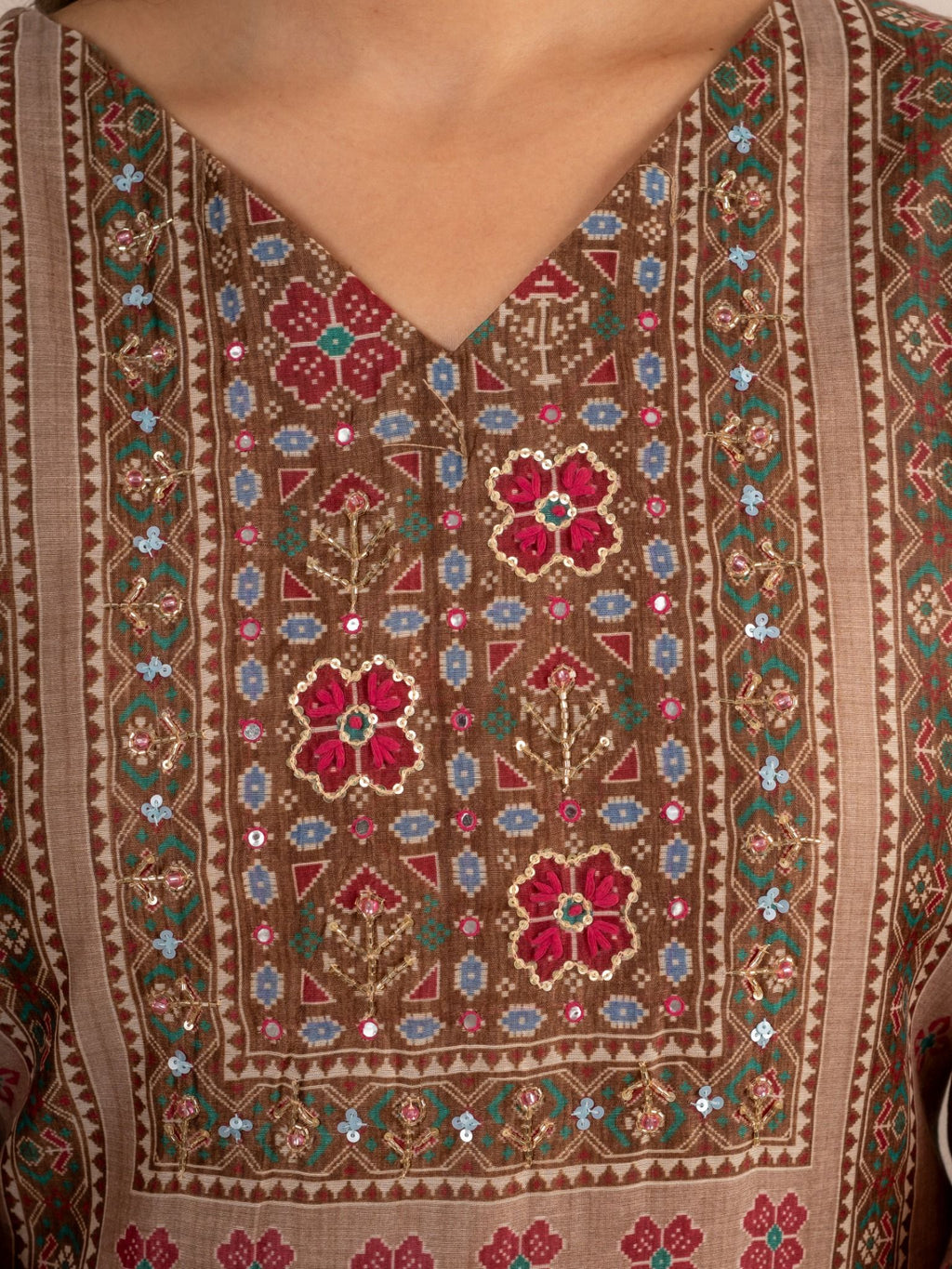 Beige Chanderi Silk Printed Suit Set with Dupatta for Women