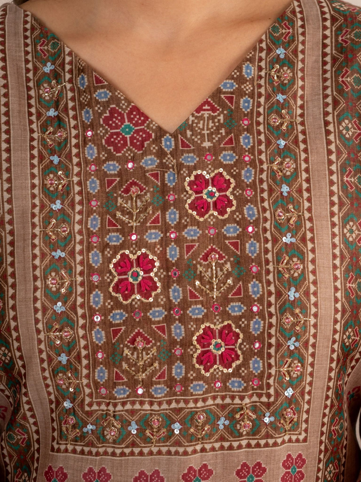 Beige Chanderi Silk Printed Suit Set with Dupatta for Women
