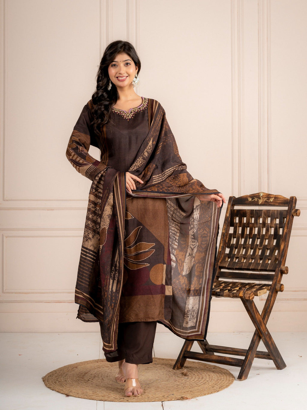 Brown Viscose Silk Printed Suit Set with Dupatta for Women