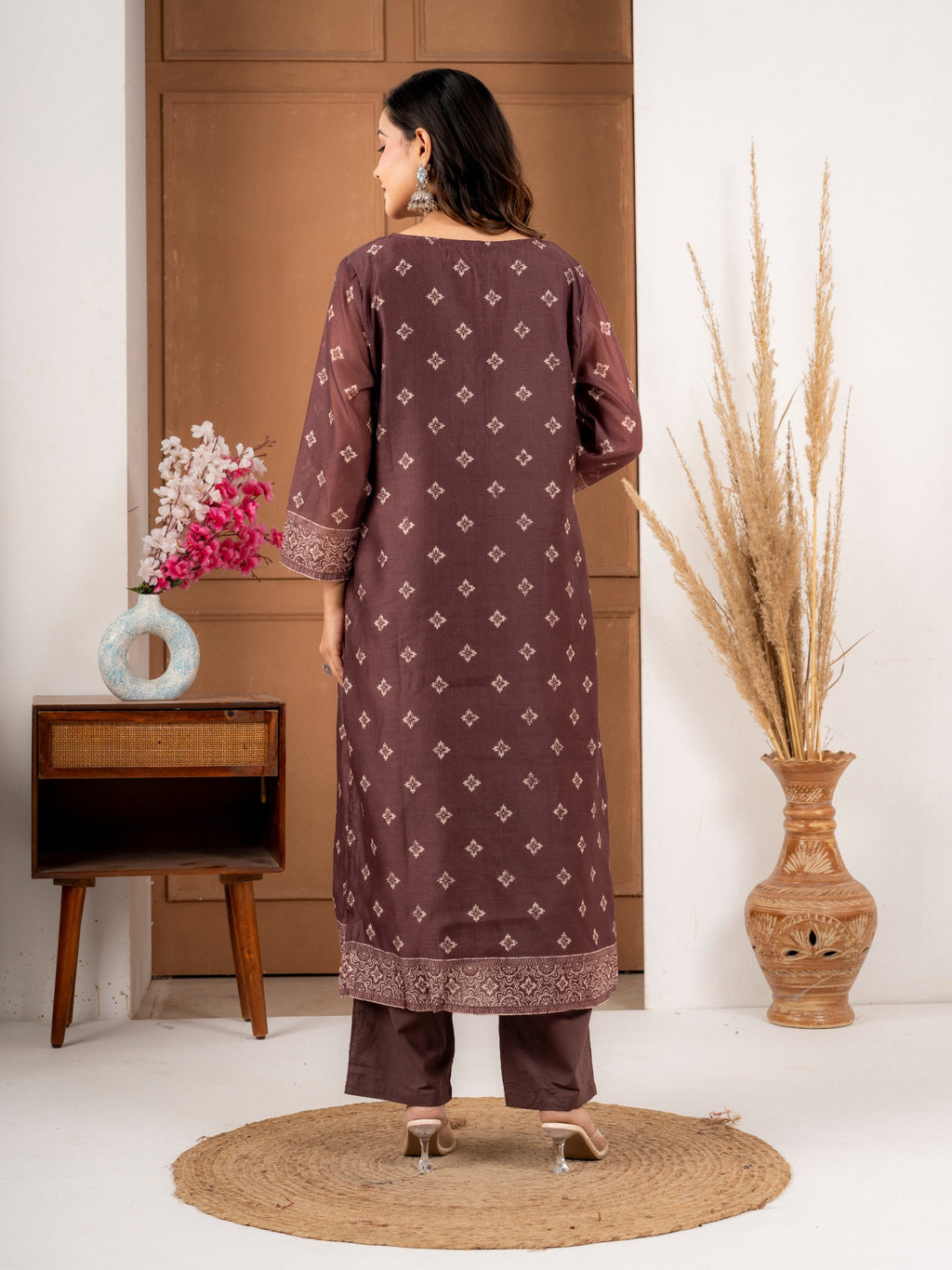 Coffee Brown Chanderi Silk Printed Suit Set with Dupatta for Women