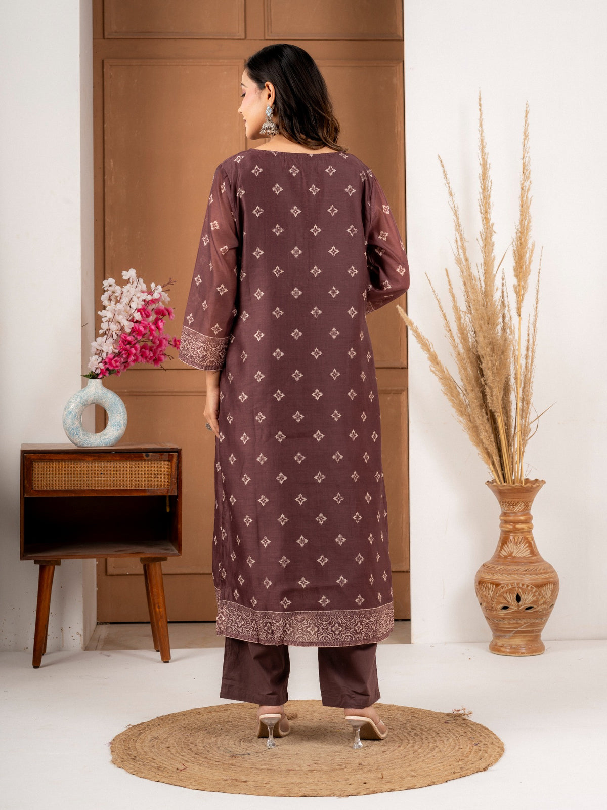 Coffee Brown Chanderi Silk Printed Suit Set with Dupatta for Women