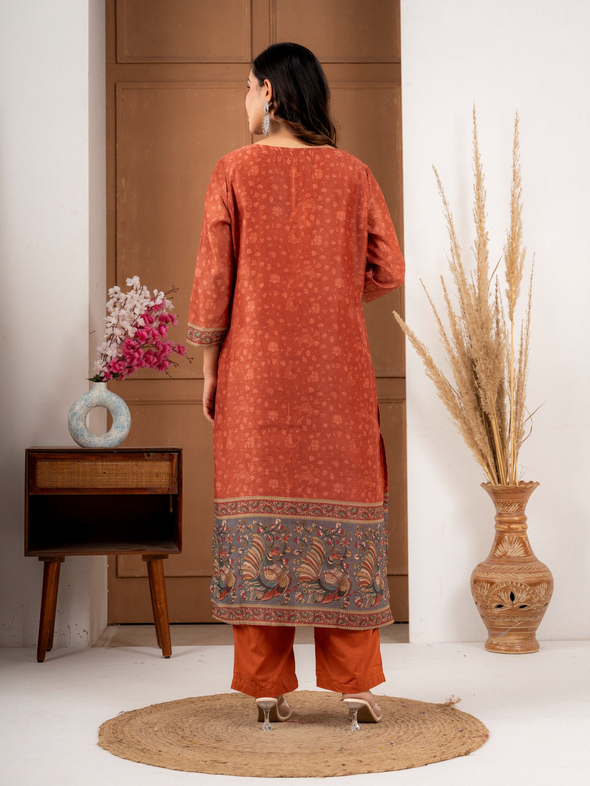 Rust Chanderi Silk Printed Suit Set with Elegant Dupatta | Women’s Ethnic Wear