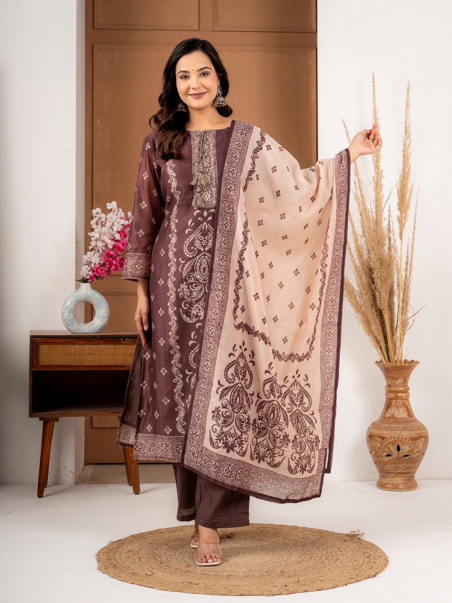 Coffee Brown Chanderi Silk Printed Suit Set with Dupatta for Women