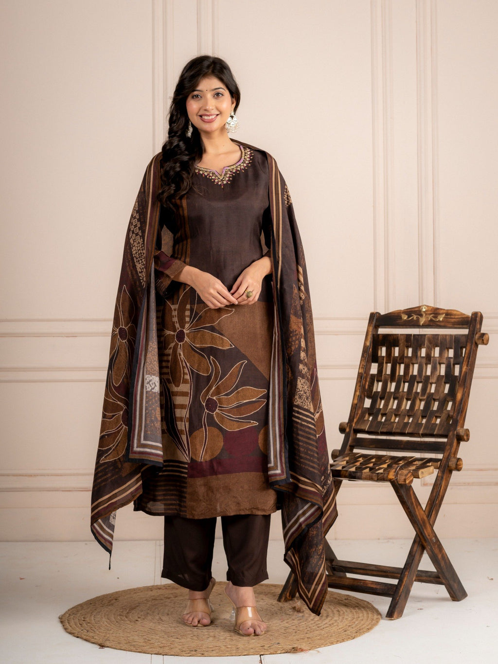 Brown Viscose Silk Printed Suit Set with Dupatta for Women