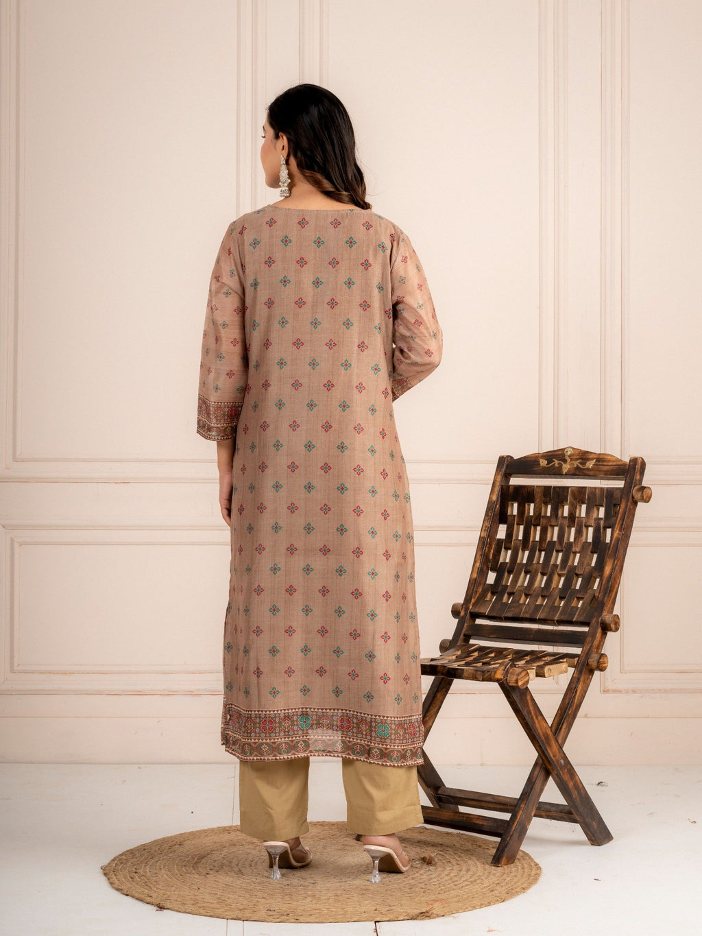 Beige Chanderi Silk Printed Suit Set with Dupatta for Women