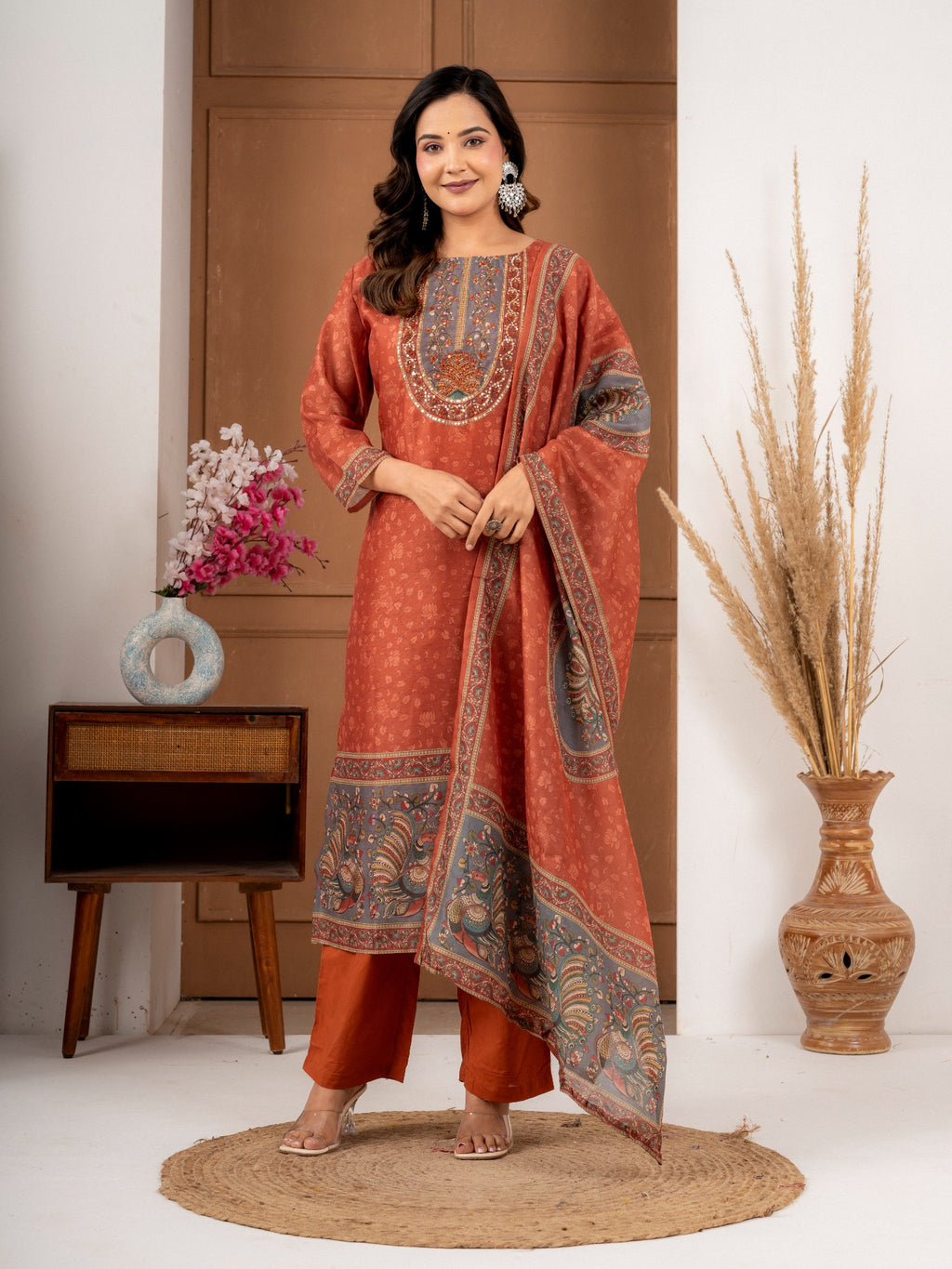 Rust Chanderi Silk Printed Suit Set with Elegant Dupatta | Women’s Ethnic Wear