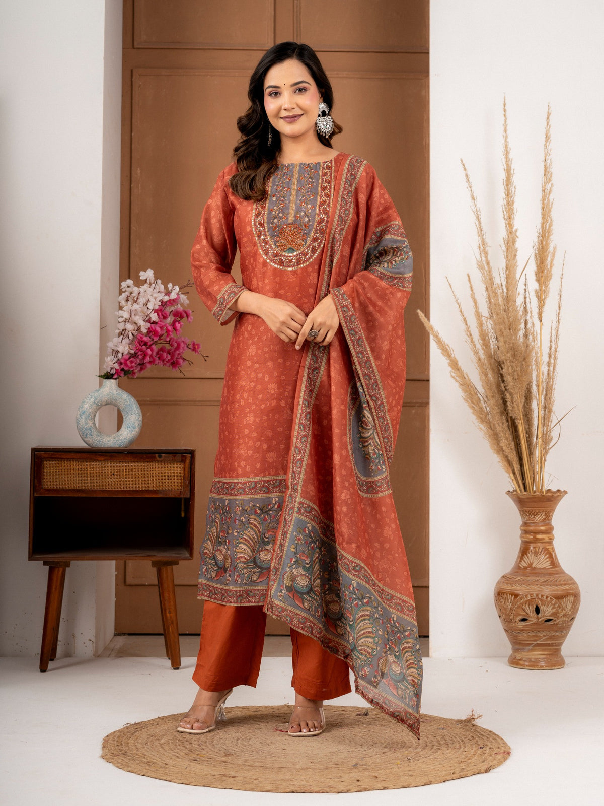 Rust Chanderi Silk Printed Suit Set with Elegant Dupatta | Women’s Ethnic Wear