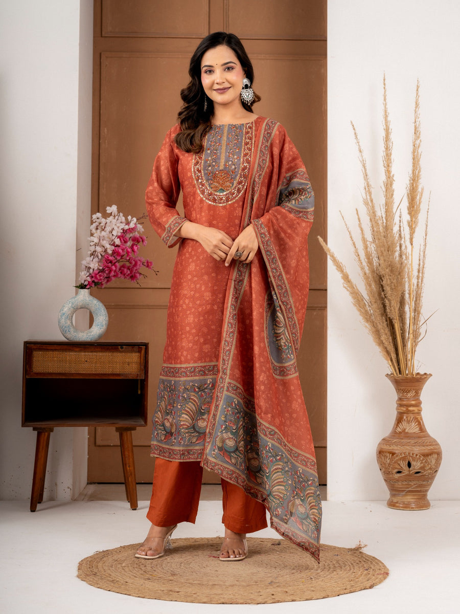 Rust Chanderi Silk Printed Suit Set with Elegant Dupatta | Women’s Ethnic Wear