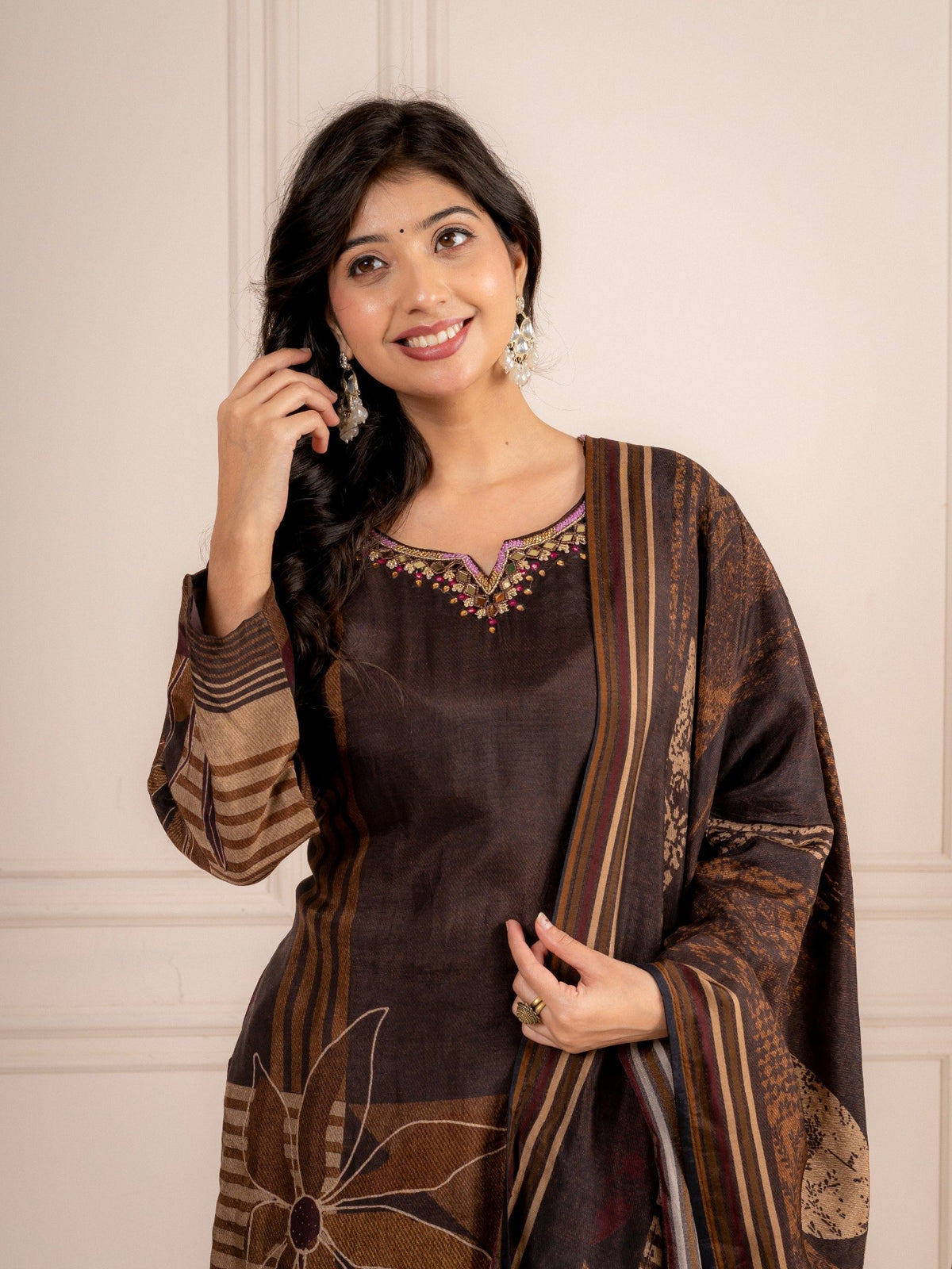 Brown Viscose Silk Printed Suit Set with Dupatta for Women