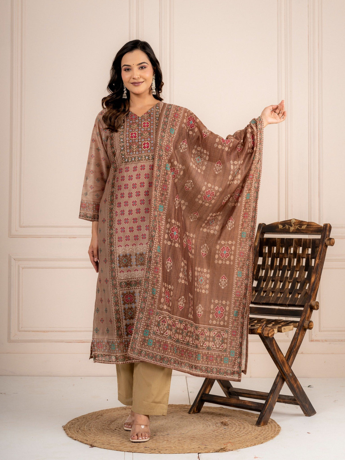 Beige Chanderi Silk Printed Suit Set with Dupatta for Women