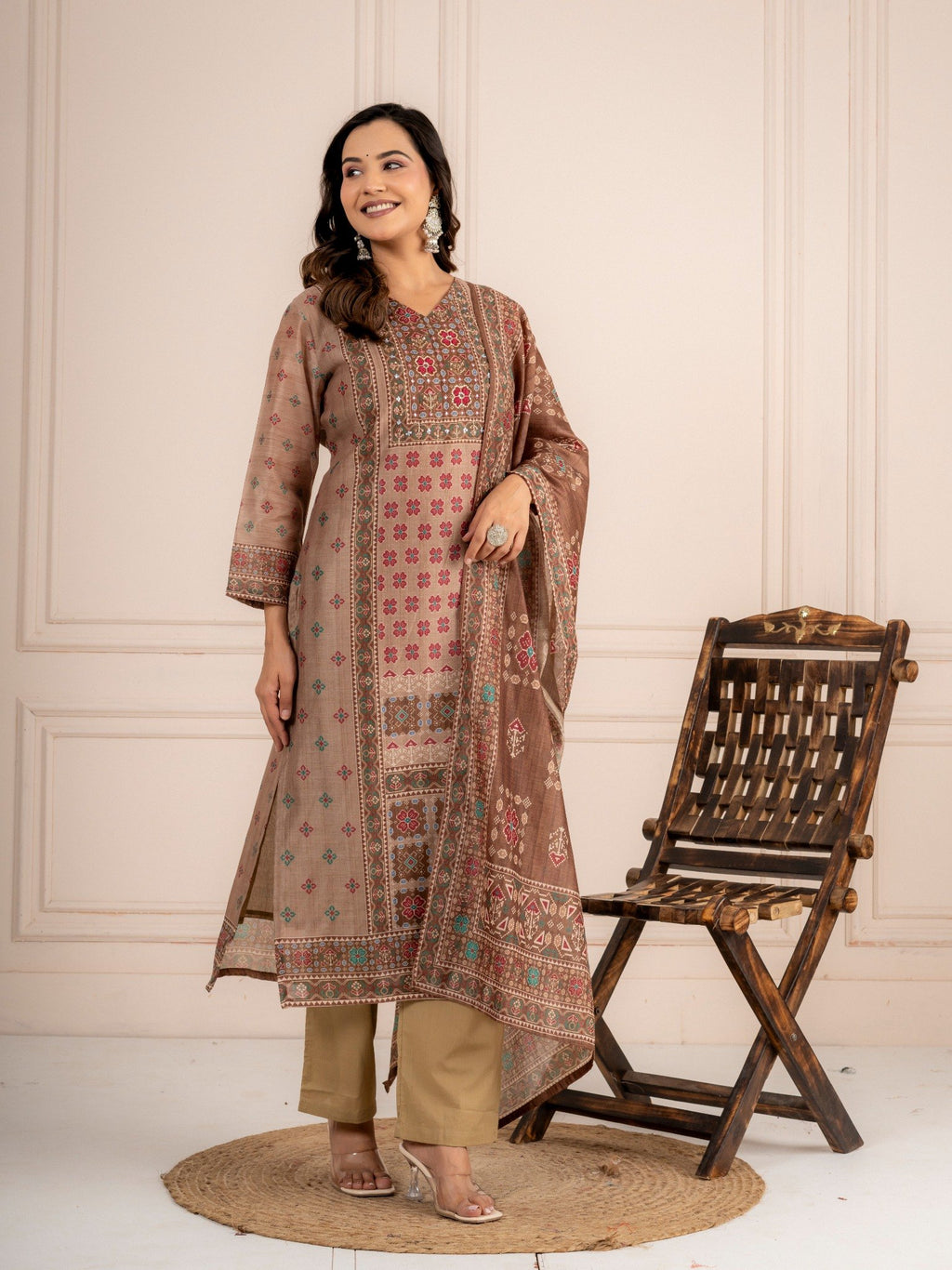 Beige Chanderi Silk Printed Suit Set with Dupatta for Women