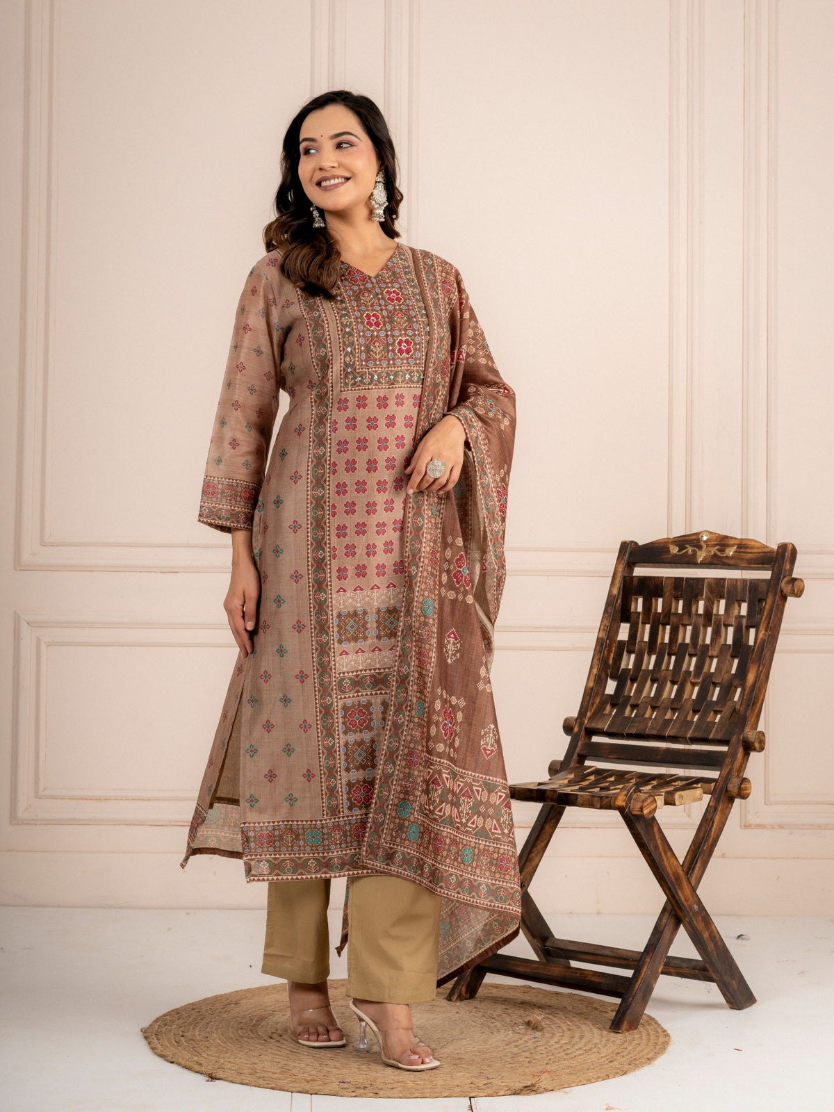 Beige Chanderi Silk Printed Suit Set with Dupatta for Women