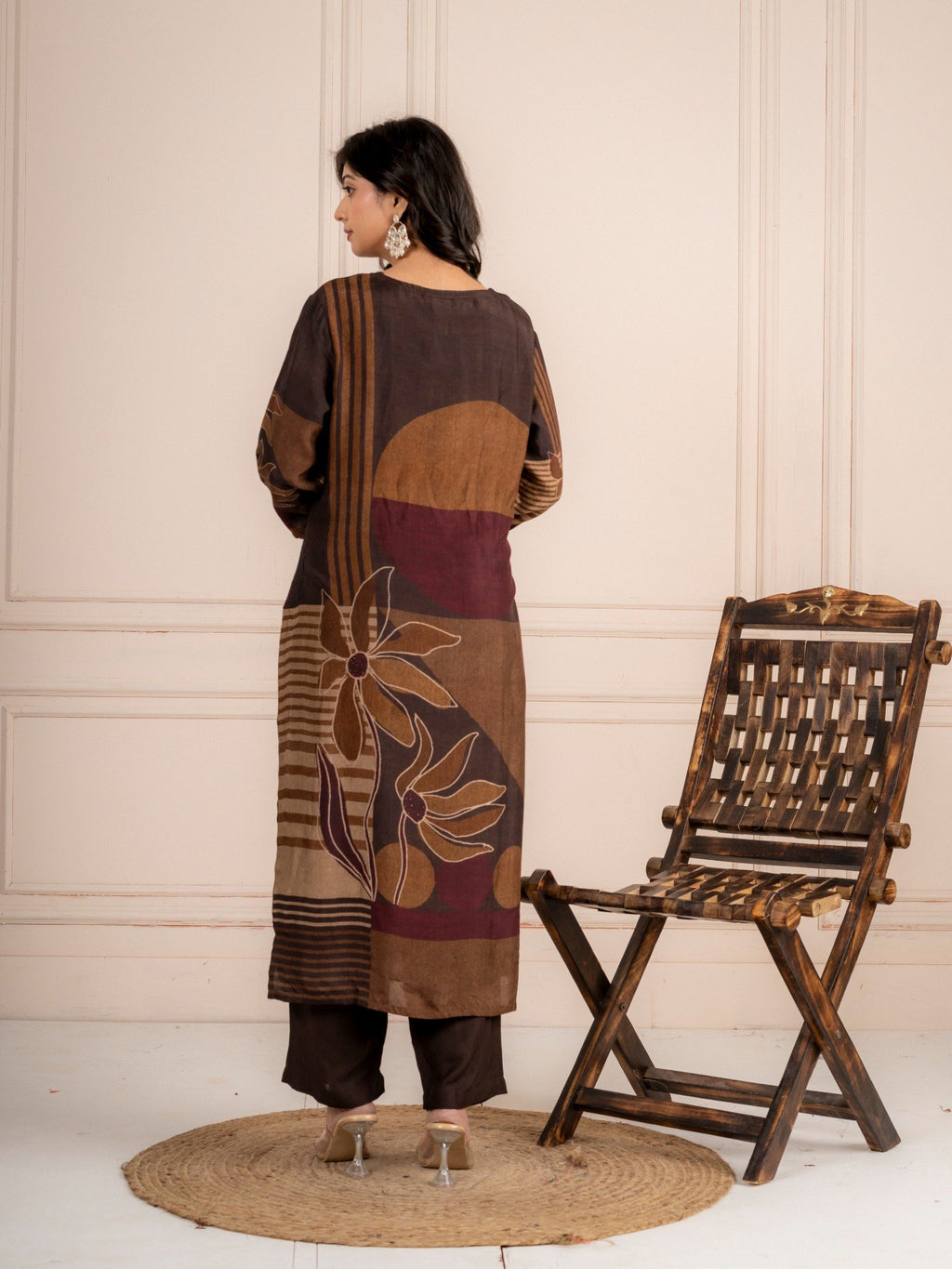 Brown Viscose Silk Printed Suit Set with Dupatta for Women