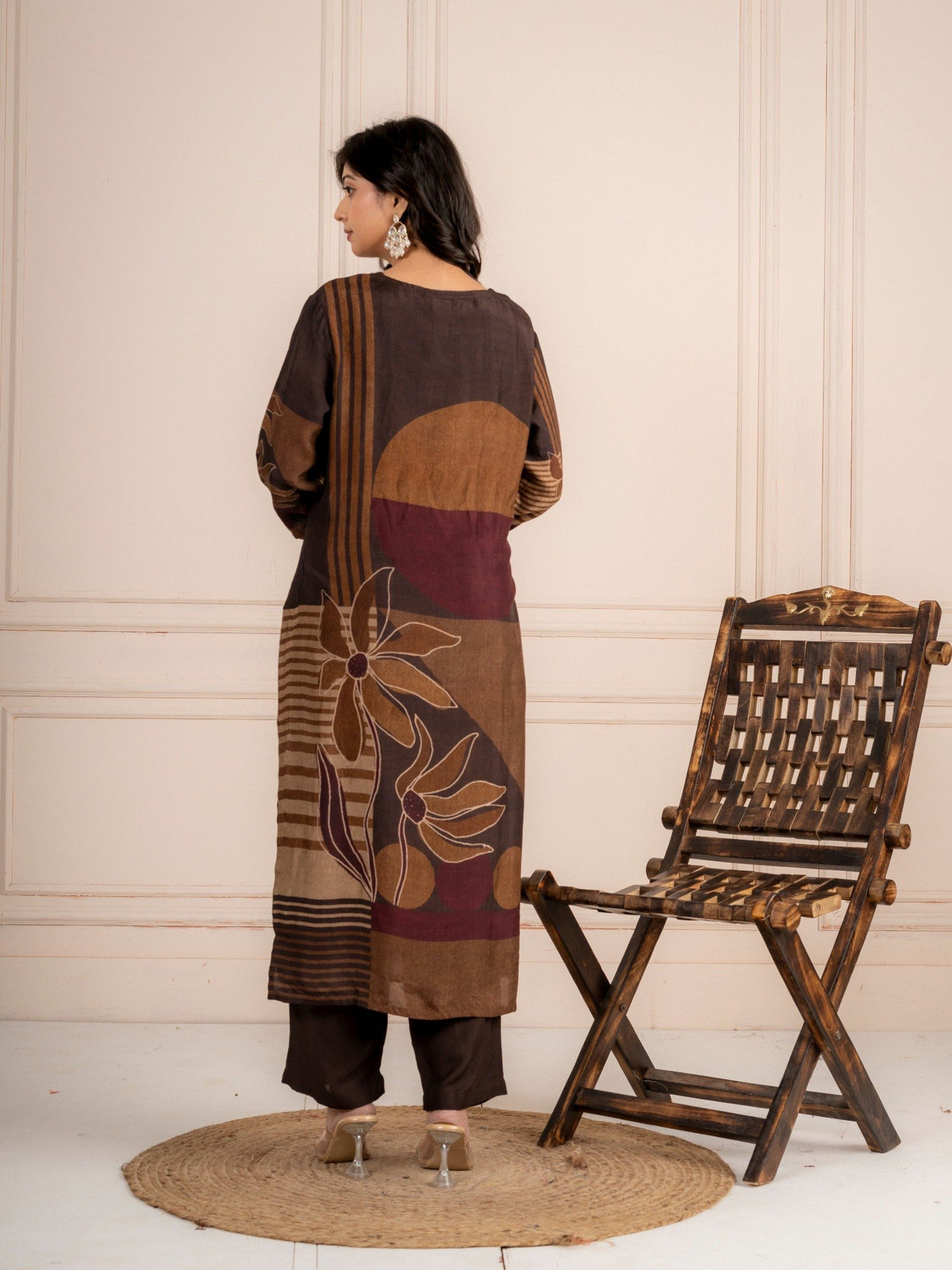 Brown Viscose Silk Printed Suit Set with Dupatta for Women