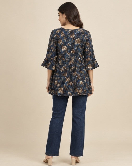 Navy Blue Floral Printed Silk Blend Peplum Kurti for Women
