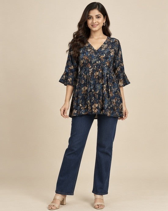Navy Blue Floral Printed Silk Blend Peplum Kurti for Women