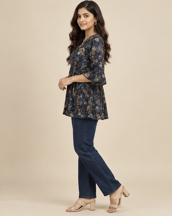 Navy Blue Floral Printed Silk Blend Peplum Kurti for Women