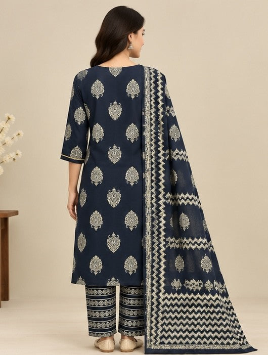 Women’s Navy Blue Cotton Blend Printed Salwar Kurta Dupatta Set