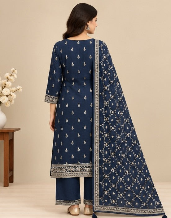 Navy blue kurta pant set for women with dupatta back view